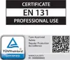 A certification label for a ladder, showing EN 131 Professional Use certification and TÜV Rheinland certification. Náhled obrázku produktu