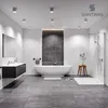 A modern, minimalist bathroom with a freestanding bathtub, a wall-mounted vanity, and a walk-in shower. Produktbild-Vorschau