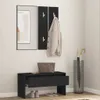 A hallway scene with a black wooden storage bench, a mirror, coat hooks, and an umbrella stand. Podgląd zdjęcia produktu