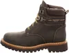 A side view of a black leather boot with tan laces. Voir les images du produit