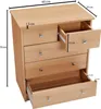 A light brown wooden chest of drawers with dimensions indicated by measurement lines and text. Anteprima dell’immagine prodotto