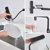 A collage of images demonstrating the features and use of a black kitchen faucet. Produktbild-Vorschau
