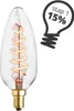 A clear, professional studio shot of a single LED candle light bulb with a spiral filament, set against a plain white background. To the right, a graphic overlay highlights a feature. Produktbild-Vorschau