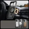 A phone case with a magnetic ring holder is shown attached to a car's air vent, with a glowing ring around it. Below, three different phone cases are displayed with accessories. Náhľad obrázku produktu