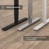Close-up of the bases of three height-adjustable desks in different colors (black, silver, white) on a wooden floor. Produktbild-Vorschau