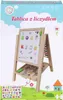 The image shows the packaging of a wooden easel with a blackboard, abacus, and accessories. The packaging features illustrations of clouds, a house, and flowers, along with product information. Voir les images du produit
