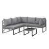A grey outdoor sectional sofa set with a coffee table, shown on a white background. Produktbild-Vorschau