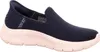 A side view of a navy blue Skechers slip-on sneaker with a pink sole, set against a white background. Produktbild-Vorschau
