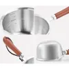 A collage of four close-up images of a stainless steel butter warmer/saucepan with a wooden handle. Voir les images du produit