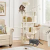 A multi-level cat tree with several cats interacting with it, placed in a living room setting. Podgląd zdjęcia produktu