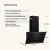 A diagram showing the dimensions and included accessories for a black and gold range hood. Produktbild-Vorschau