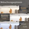 A collage of images showing a white cabinet with different lighting options: warm, natural, and cold light. Produktbild-Vorschau