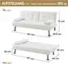 Diagrams showing the dimensions of a white sofa bed in both its sofa and bed configurations. Produktbild-Vorschau