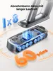 A close-up marketing image showing a vacuum cleaner battery pack with multiple batteries inside, along with text and graphics highlighting its features. Produktbild-Vorschau