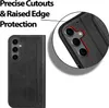 A black flip case for a Samsung Galaxy A05s phone is shown, with a close-up detail of the camera cutout and raised edge protection. Produktbild-Vorschau