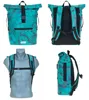 A collage of four images showing a teal backpack with a floral pattern from different angles. Produktbild-Vorschau