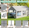 A collage of images showcasing a grey party tent with a car inside, along with close-ups of its features and materials. Voir les images du produit