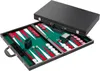 A backgammon set is open and displayed on a white background. The lid of the case is open and propped up behind the board. Podgląd zdjęcia produktu