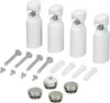A collection of white and silver bathroom radiator accessories, including mounting brackets, screws, wall plugs, and caps, arranged on a white background. Podgląd zdjęcia produktu
