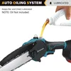 A hand is pouring oil into the reservoir of a cordless chainsaw. Náhled obrázku produktu