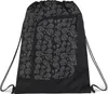 A black drawstring backpack with a gray blurry faces pattern and a zippered pocket on the front. Produktbild-Vorschau