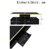 A diagram showing the dimensions of a black coffee table with gold accents. Voir les images du produit