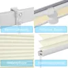 A collage of four images showing different aspects of a pleated blind, including its mounting, operation, texture, and frame. Produktbild-Vorschau