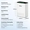 A product shot of an air purifier with technical specifications and dimensions displayed. Produktbild-Vorschau