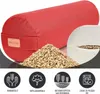 A red yoga bolster is shown with a pile of grain and icons indicating features. Náhľad obrázku produktu