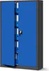 A blue metal filing cabinet with its doors open, revealing shelves filled with binders. Produktbild-Vorschau