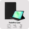 A black tablet case is shown open with a tablet inside, displaying its features. The case is also shown closed. Produktbild-Vorschau