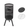 A black metal fire pit with a grill grate and lid, displayed on a white background. Produktbild-Vorschau