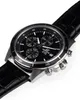 A close-up, angled view of a black Casio Edifice watch with a black leather strap, set against a white background. Produktbild-Vorschau