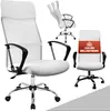 A collage of three white office chairs, one in the foreground, one in the midground, and one in the background. The chair in the foreground is shown from a low angle, emphasizing its features. The chair in the midground is shown from a side angle, with its Produktbild-Vorschau