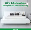 A white mattress is shown on a modern white bed frame in a minimalist bedroom setting. Produktbild-Vorschau