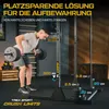 A man is performing a rowing exercise with a barbell in front of a power rack. The image includes marketing text and product specifications. Produktbild-Vorschau