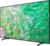 A black Samsung television with a green and yellow abstract image displayed on its screen, shown from a side angle with its stand visible. Produktbild-Vorschau