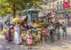 A bustling flower market scene with people shopping and a horse-drawn cart. Podgląd zdjęcia produktu