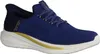 A single blue Skechers sneaker with white and gold accents, shown from the side against a white background. Voir les images du produit