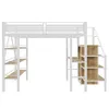 A white metal loft bed with wooden shelves and stairs, shown against a white background. Podgląd zdjęcia produktu