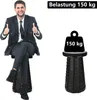A man is sitting on a black stool, and there is a graphic of a weight on another stool to illustrate capacity. Produktbild-Vorschau
