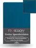 A teal colored fabric swatch with product information and branding. Produktbild-Vorschau
