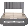 A grey upholstered bed frame with a slatted mattress support and four drawers underneath, shown from the front. Produktbild-Vorschau