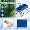 A collage of images showing a blue wooden wagon, a sleeping child, and a close-up of wood grain, with text overlays describing product features. Produktbild-Vorschau
