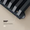 Close-up of a dark grey radiator with a dotted line pointing to a small orange circle, indicating a feature. Voir les images du produit