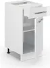 A white high-gloss kitchen base cabinet with a drawer and a door open. Náhľad obrázku produktu