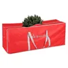 A red storage bag for a Christmas tree, with the top of the tree visible. Podgląd zdjęcia produktu