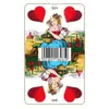 A playing card with a woman in a traditional dress holding a basket of flowers, with hearts and a landscape in the background. Náhled obrázku produktu