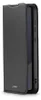 A black flip case for a smartphone is shown from a side angle, with the front cover partially open. Produktbild-Vorschau