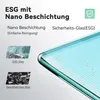 Marketing image showing a close-up of glass with water droplets and a grid pattern, alongside images comparing ESG glass to ordinary glass. Produktbild-Vorschau